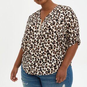 Torrid Harper Georgette Zip-Front 3/4 Sleeve Blouse, Leopard